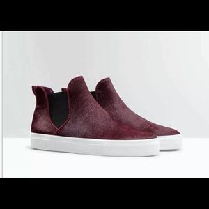 ZARA MAROON FUR LEATHER ANKLE BOOTIE SNEAKER 39